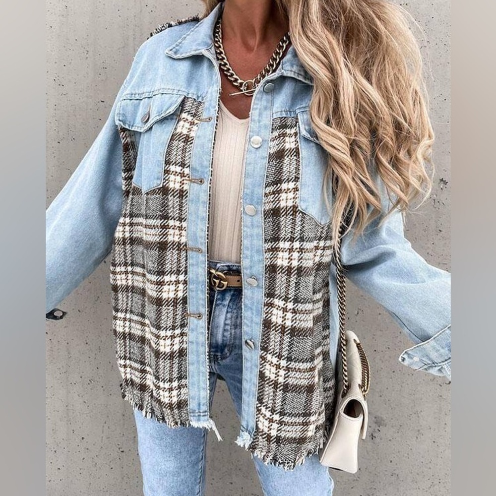 Denim Plaid Patchwork Frayed Hem Jacket - image 6